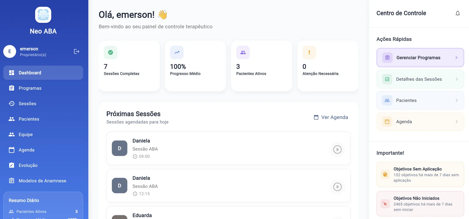 Tela do sistema Neoaba usada no vídeo de demonstração